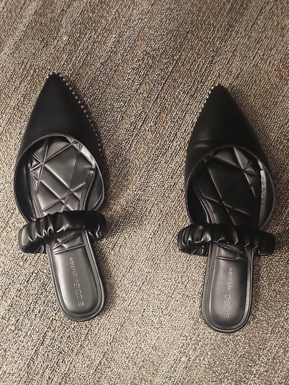 BCBGeneration Black Pointed Ruched Strap Mules